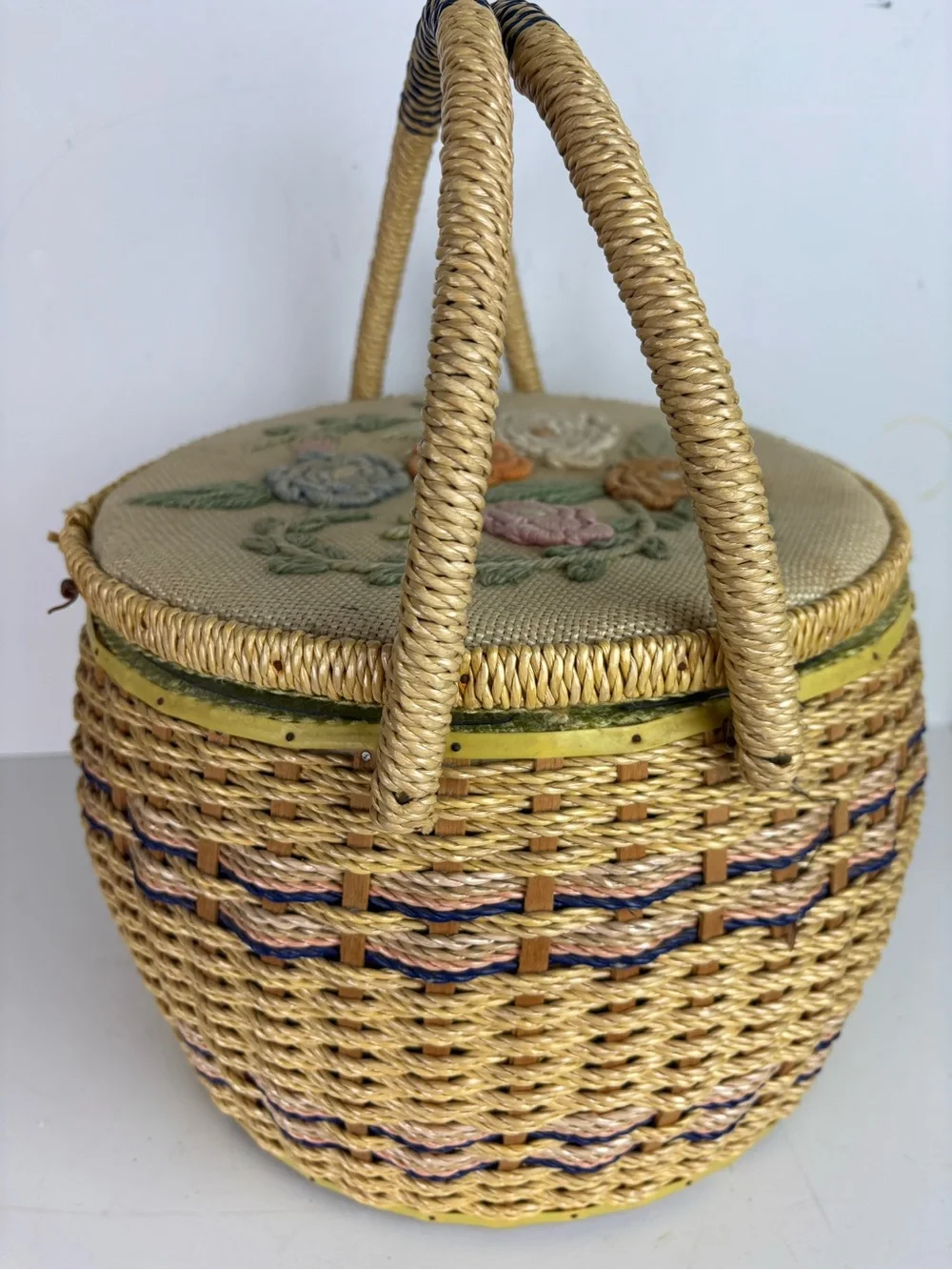 Vintage Sewing Basket-Round w/ Embroidered Floral Lid-Granny Chic